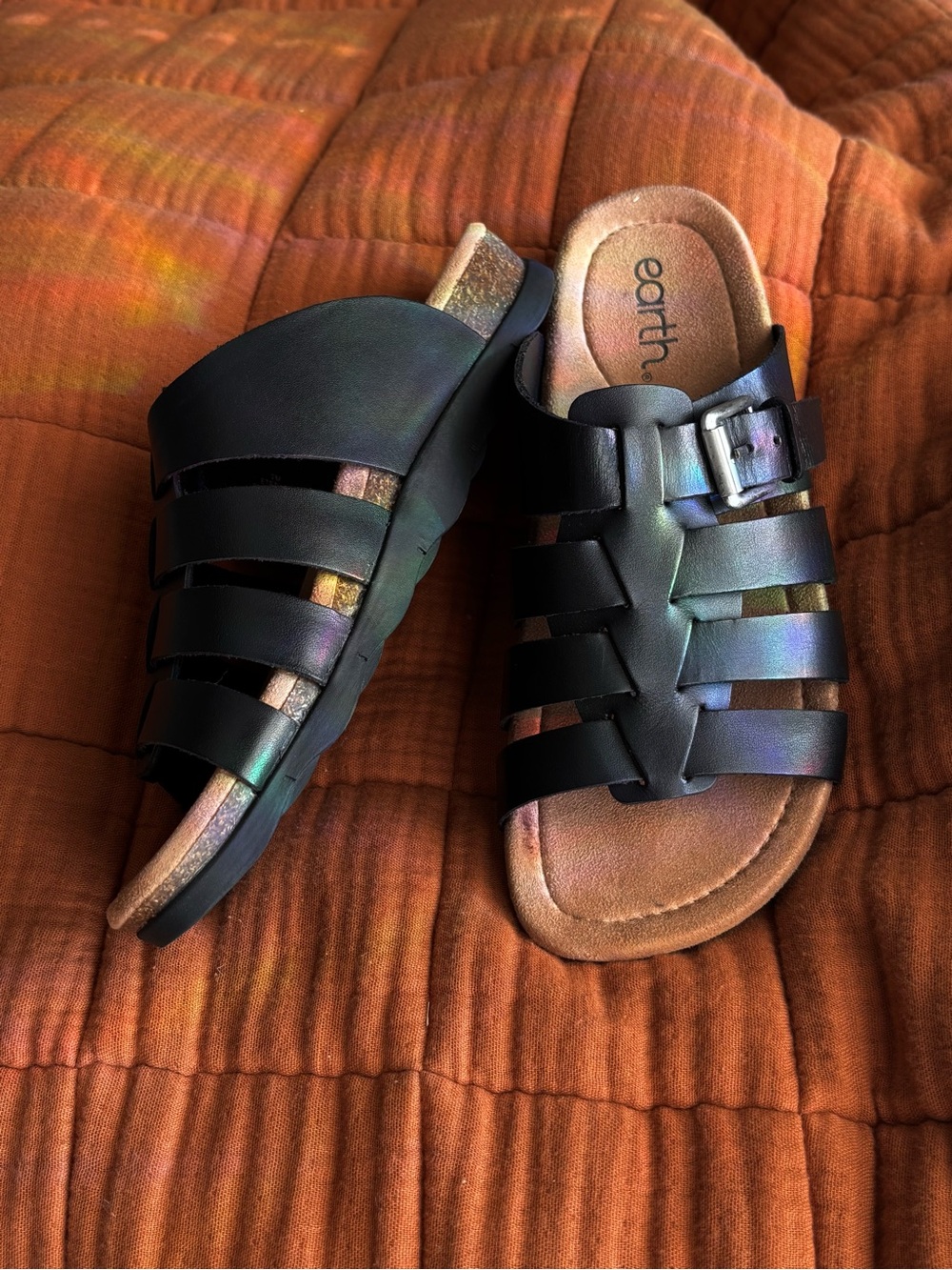 Earth Eresa Leather Fisherman Slide Sandals Black Size 7 - Picture 3 of 6